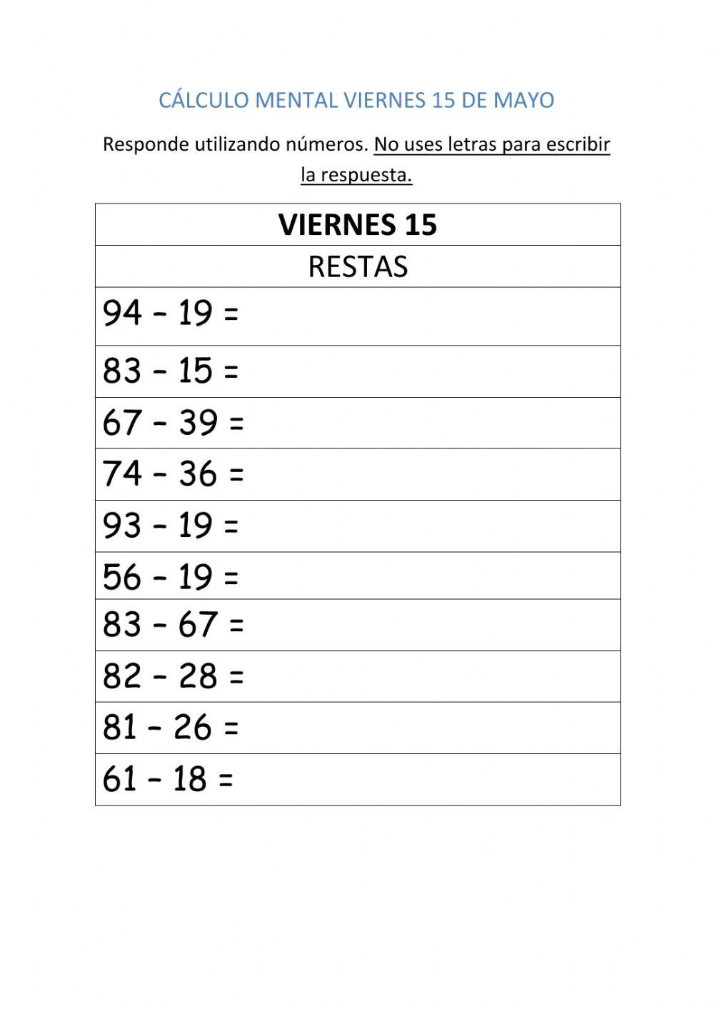 Cálculo mental 15 de mayo