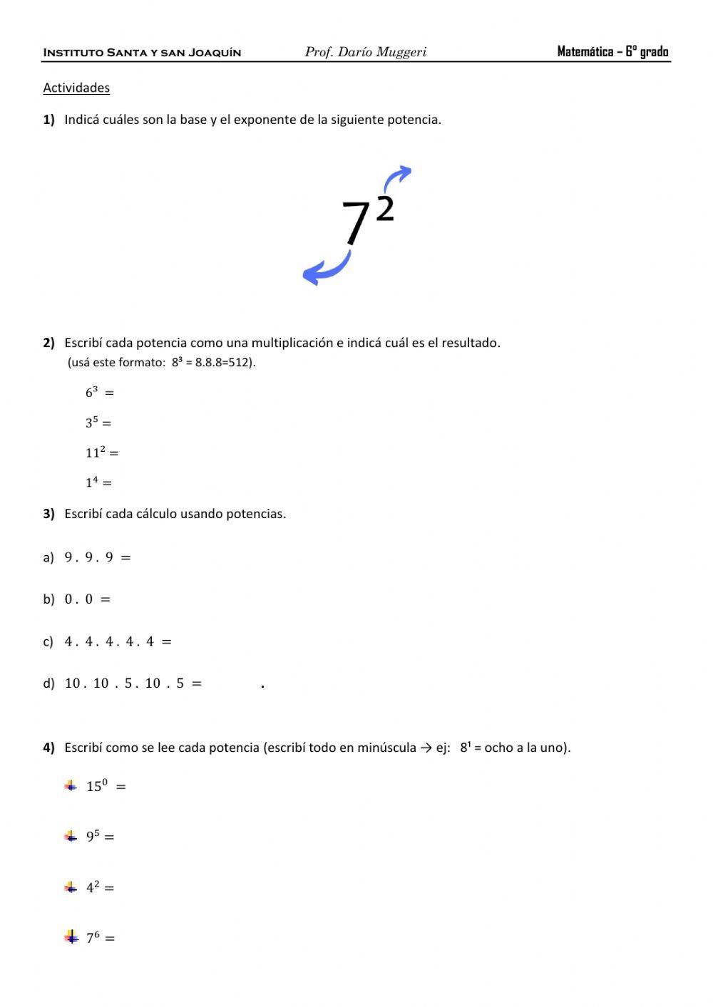 Potenciación: repaso y lectura