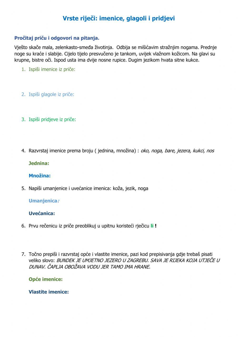 Ispit-vrste riječi: imenice, glagoli, pridjevi