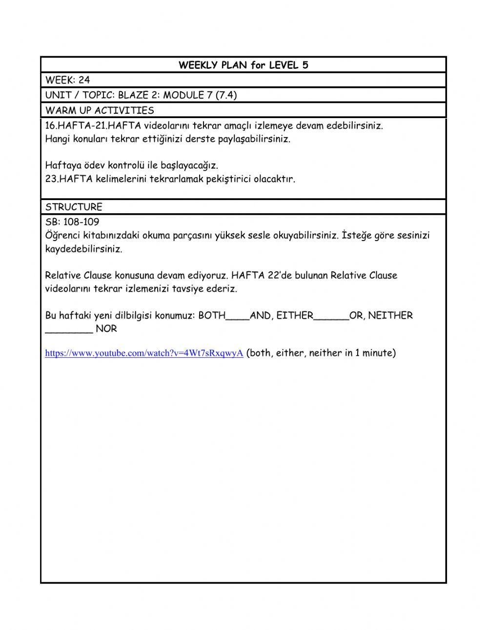 Level 5 weekly plan 24