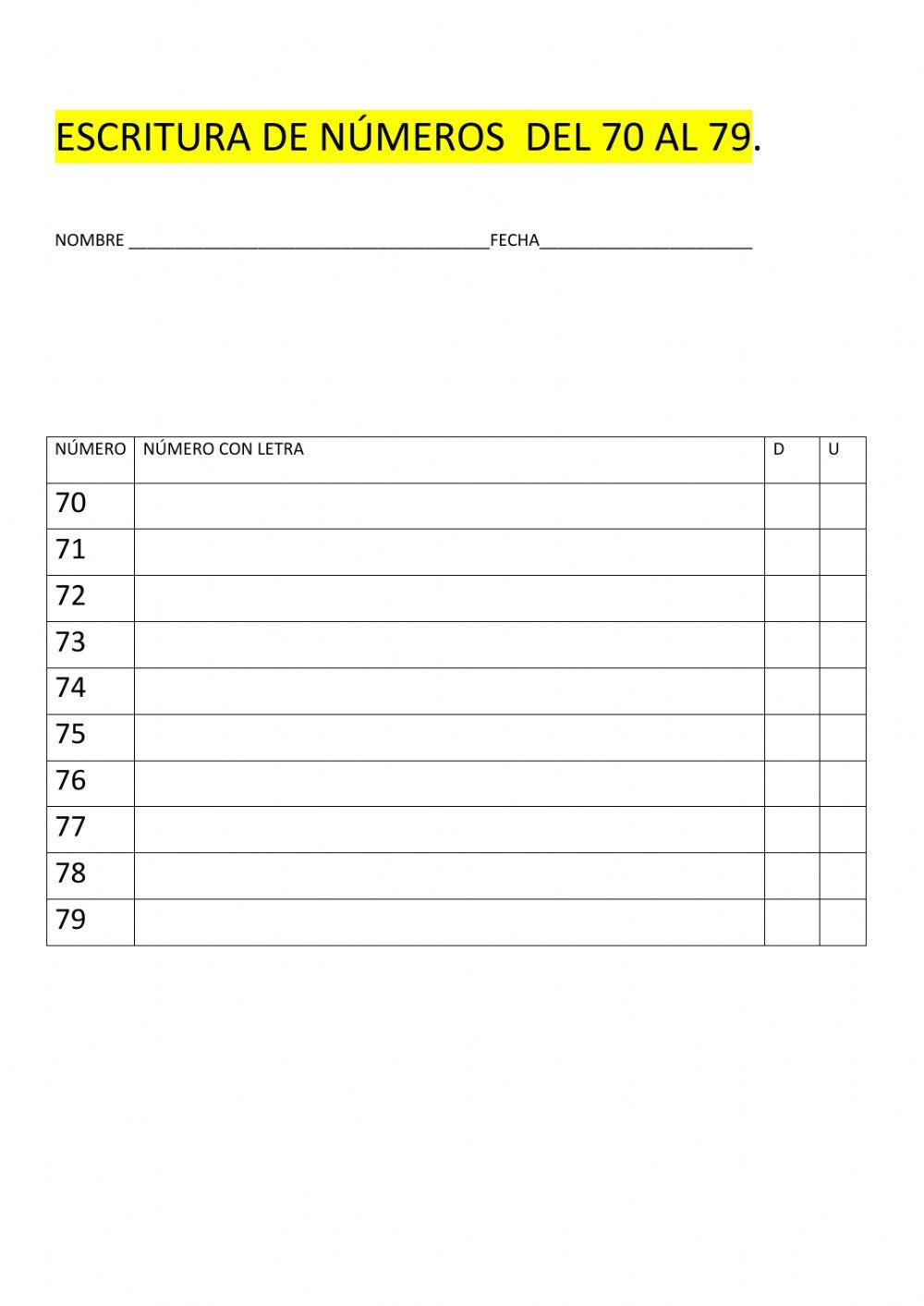 Escritura de números del 70 al 79.