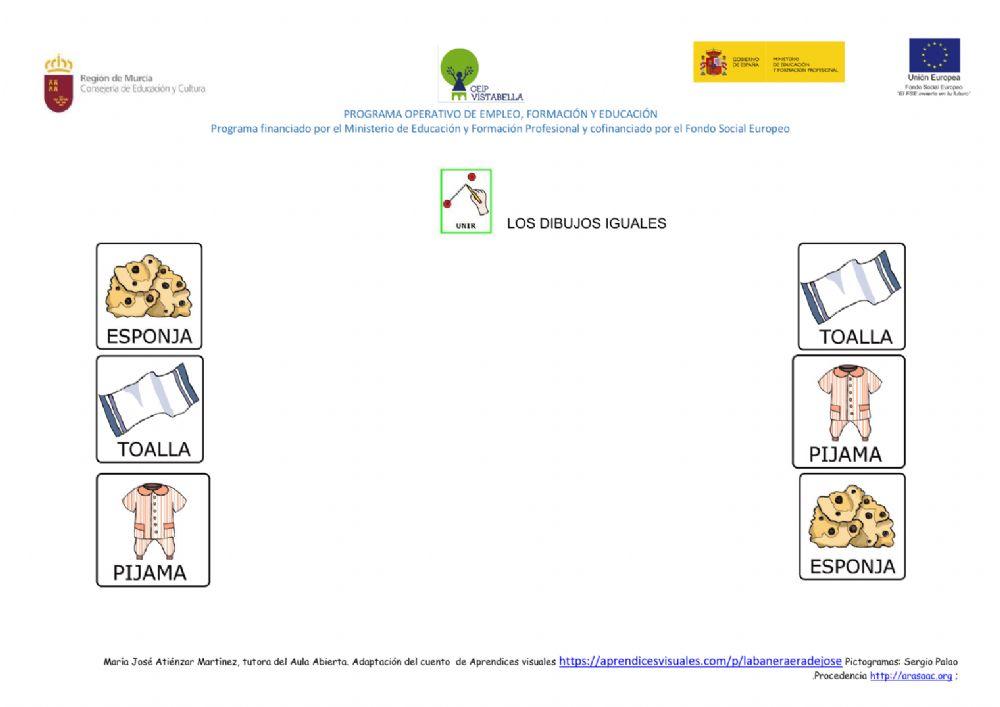 Unir imágenes iguales ,actividades del cuento de Aprendices Visuales  -La bañera de José-