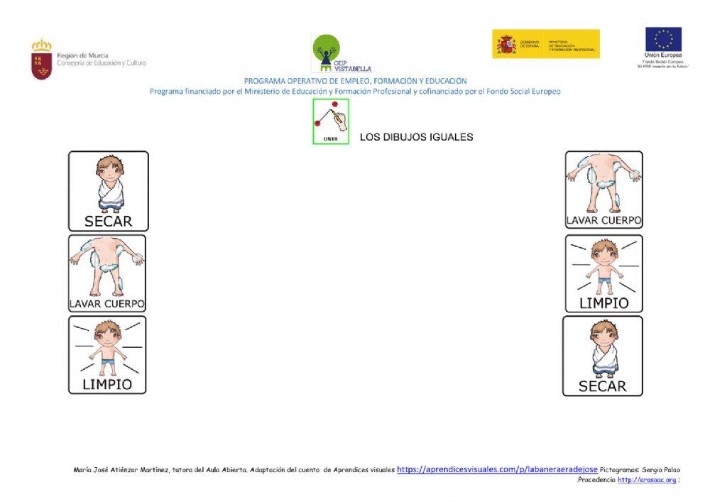 Unir imágenes iguales ,actividades del cuento de Aprendices Visuales  -La bañera de José-