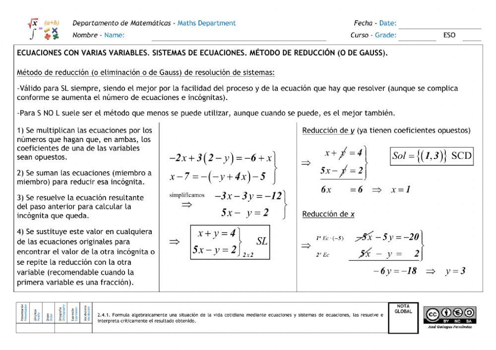 Sistemas de ecuaciones. Método de reducción