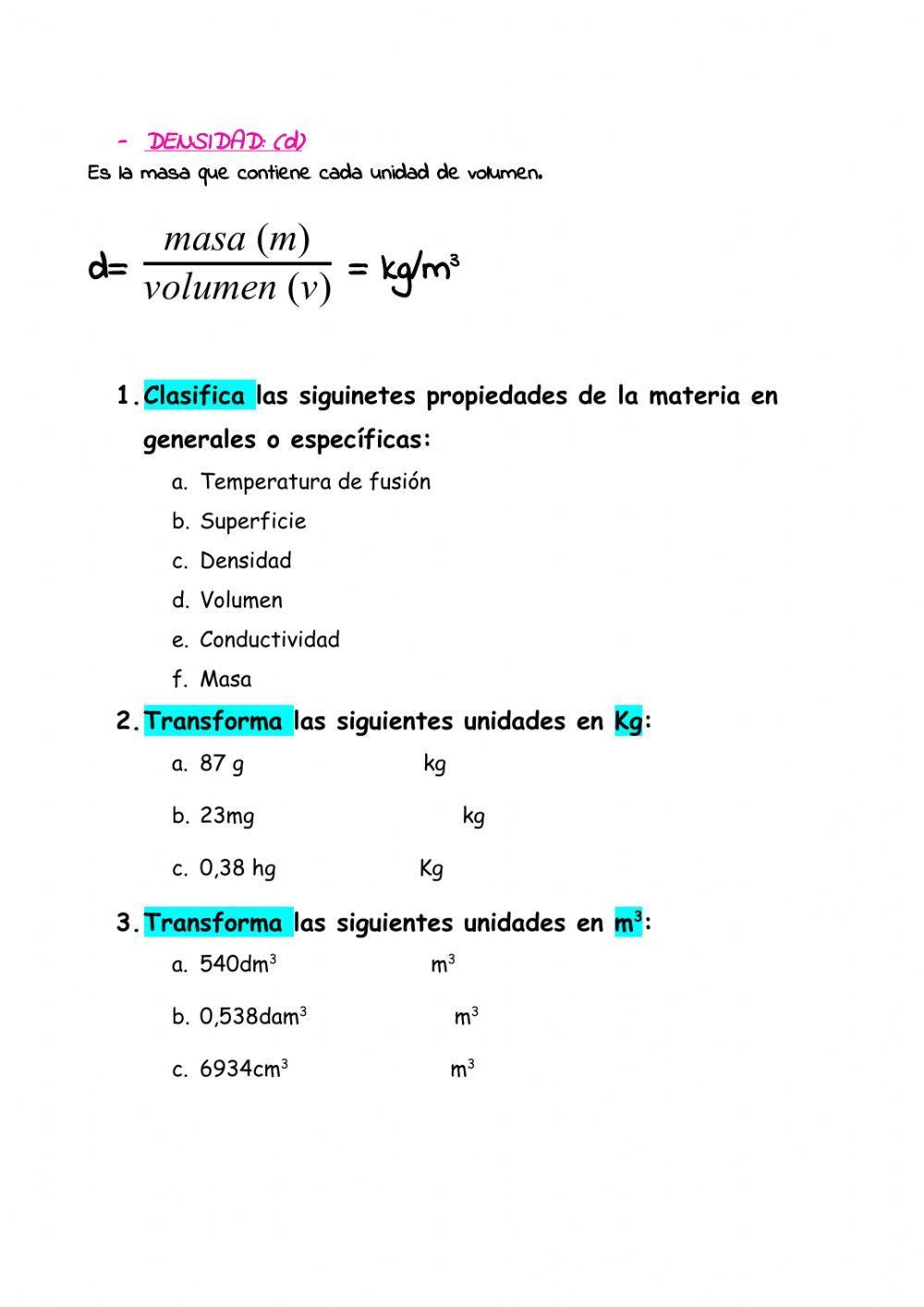 PROPIEDADES DE LA MATERIA: masa, volumen y densidad