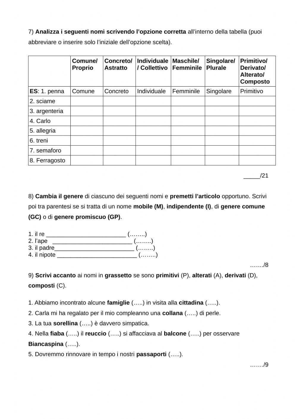 Analisi grammaticale articolo e nome