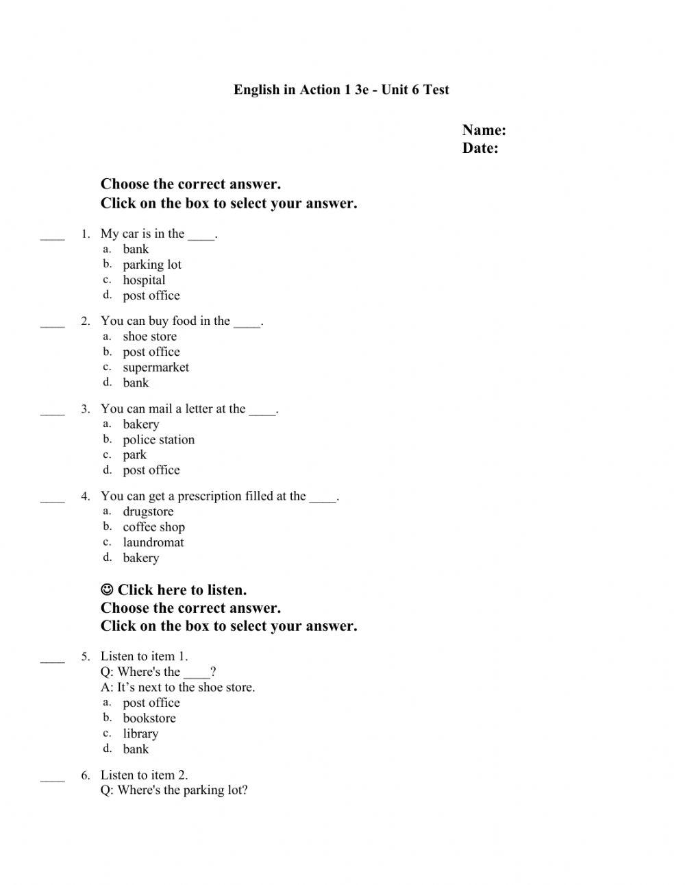 English In Action Unit 6 Test