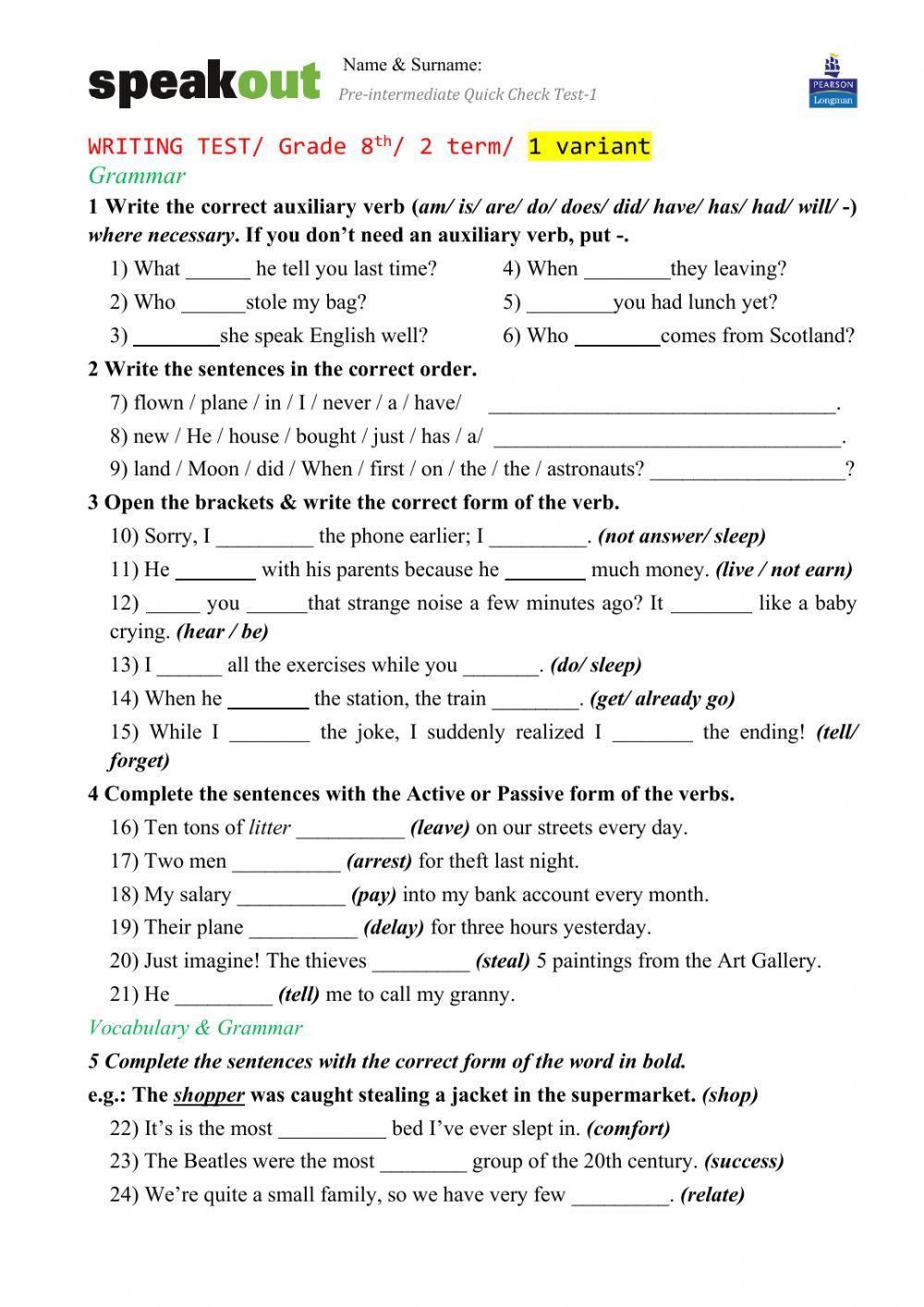 WRITING TEST- Grade 8th- 2 term- 1 variant