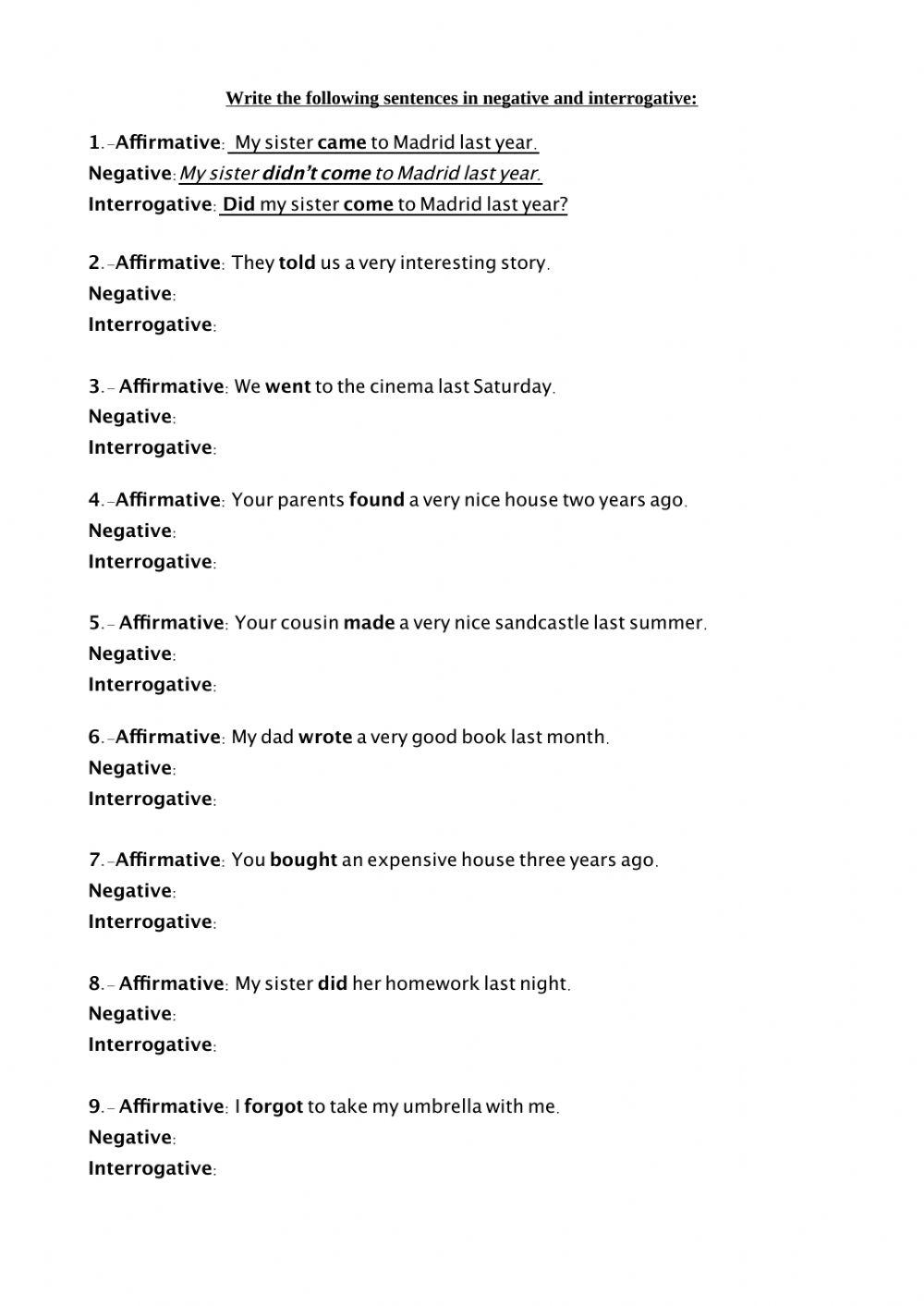 Past simple sentences