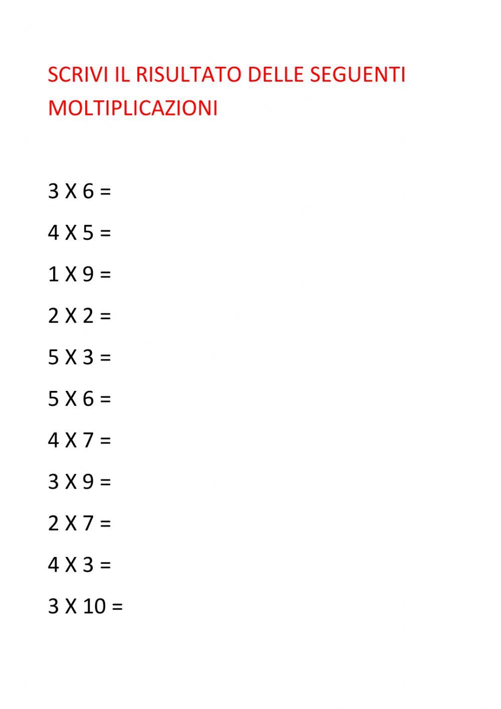 Scrivi il risultato delle moltiplicazioni