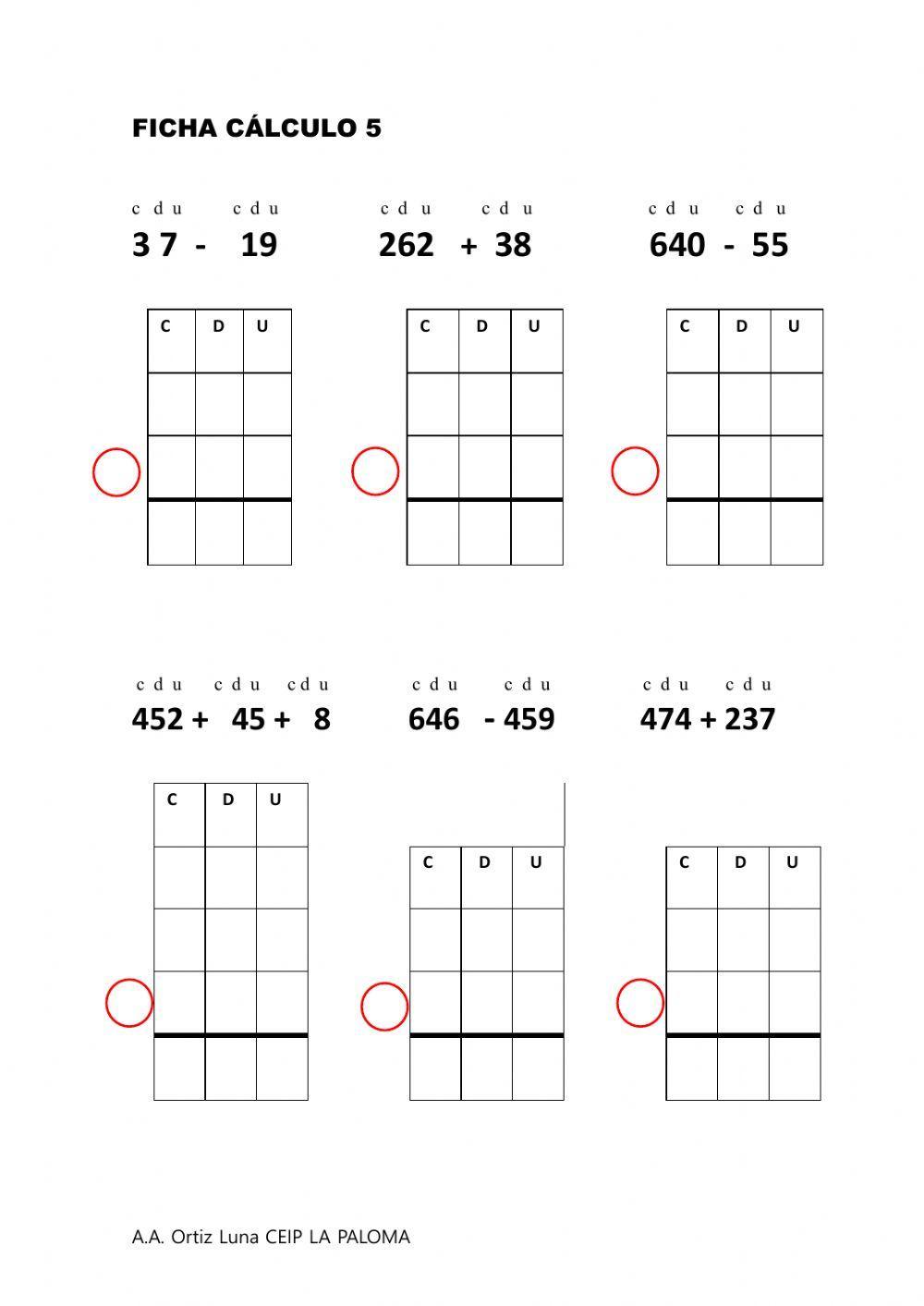 Cálculo sumas y restas con llevadas