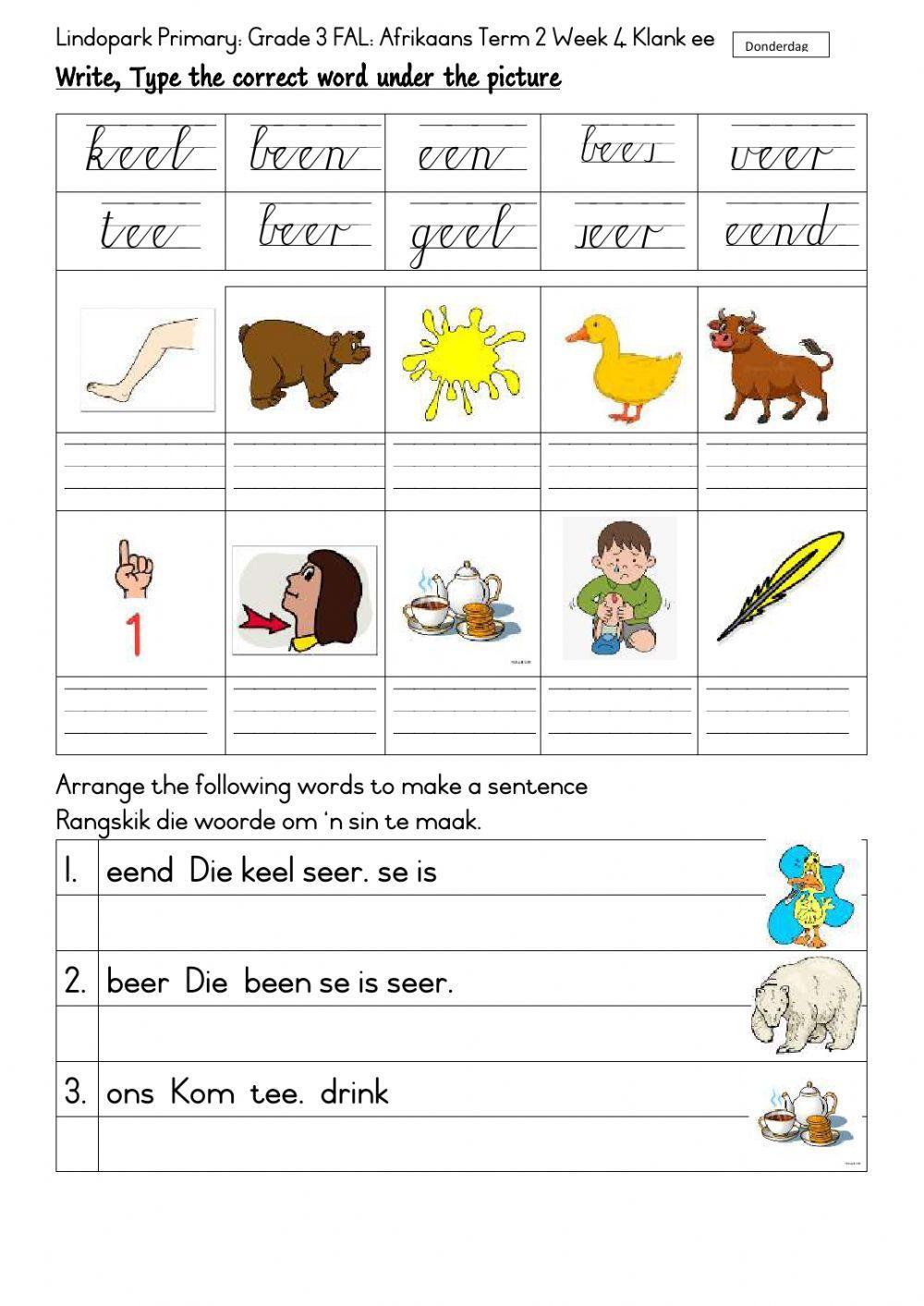 Grade 3 FAL Afrikaans Thursday ee klank Term 2 Week 4 worksheet Live