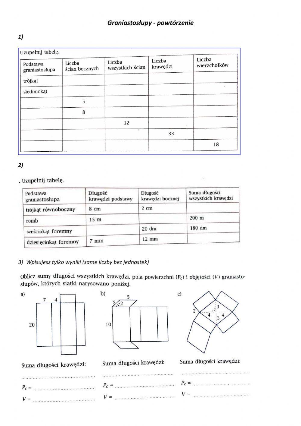 Graniastosłupy - powtórzenie