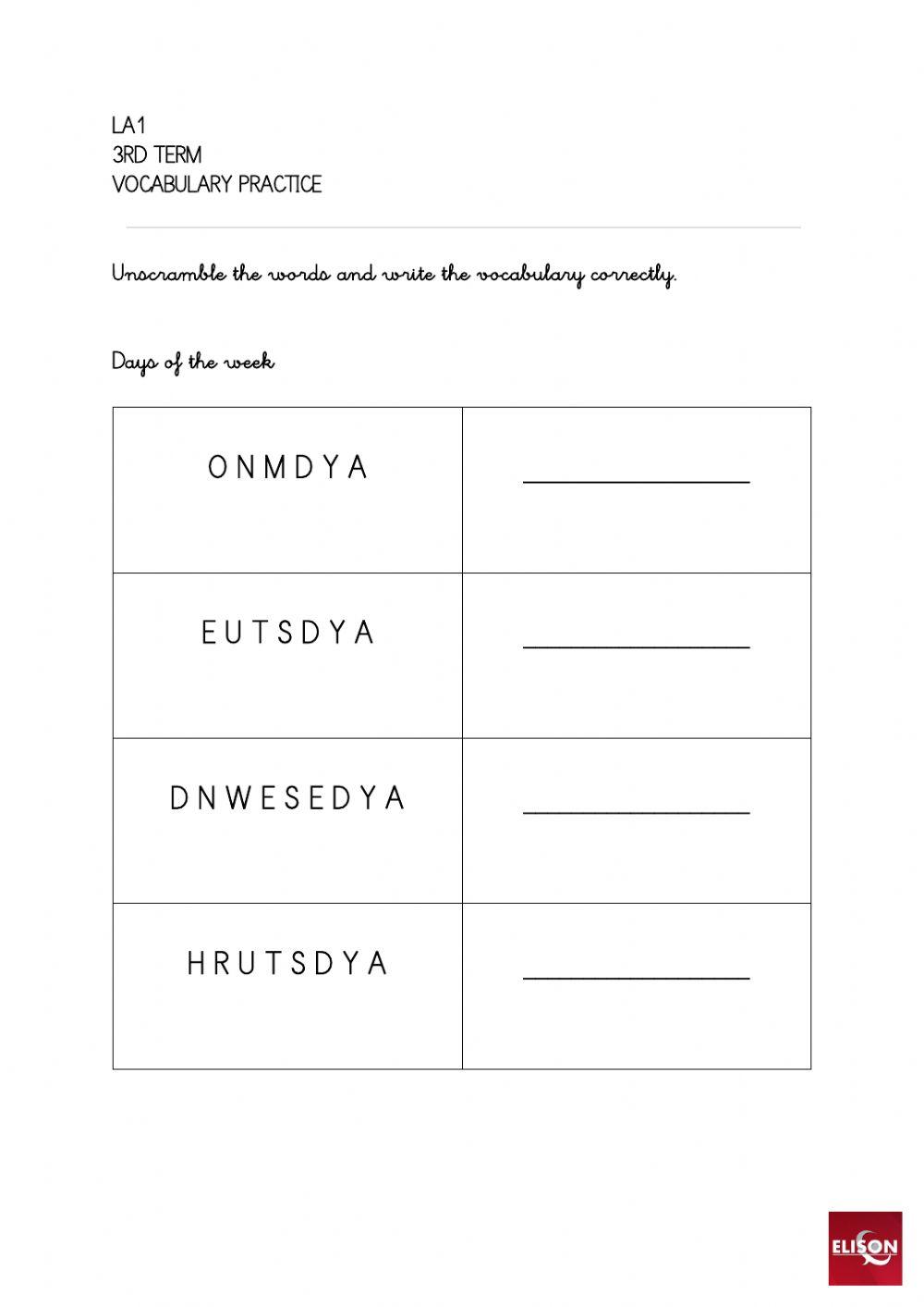 La1 - 3rd term - reading practice 2 - vocabulary - days of the week