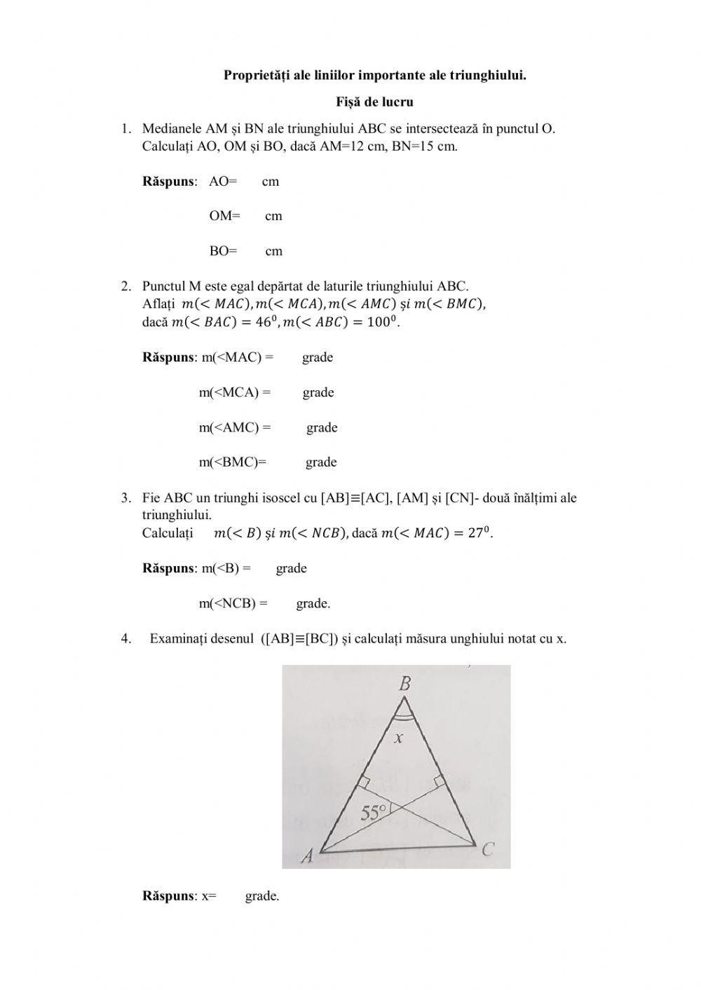 Proprietăți ale liniilor importante ale triunghiului.