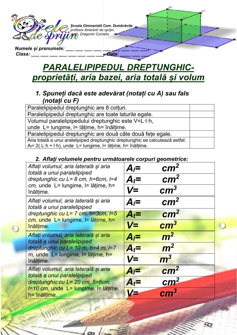 Paralelipipedul dreptunghic- caracteristici, arii si volum