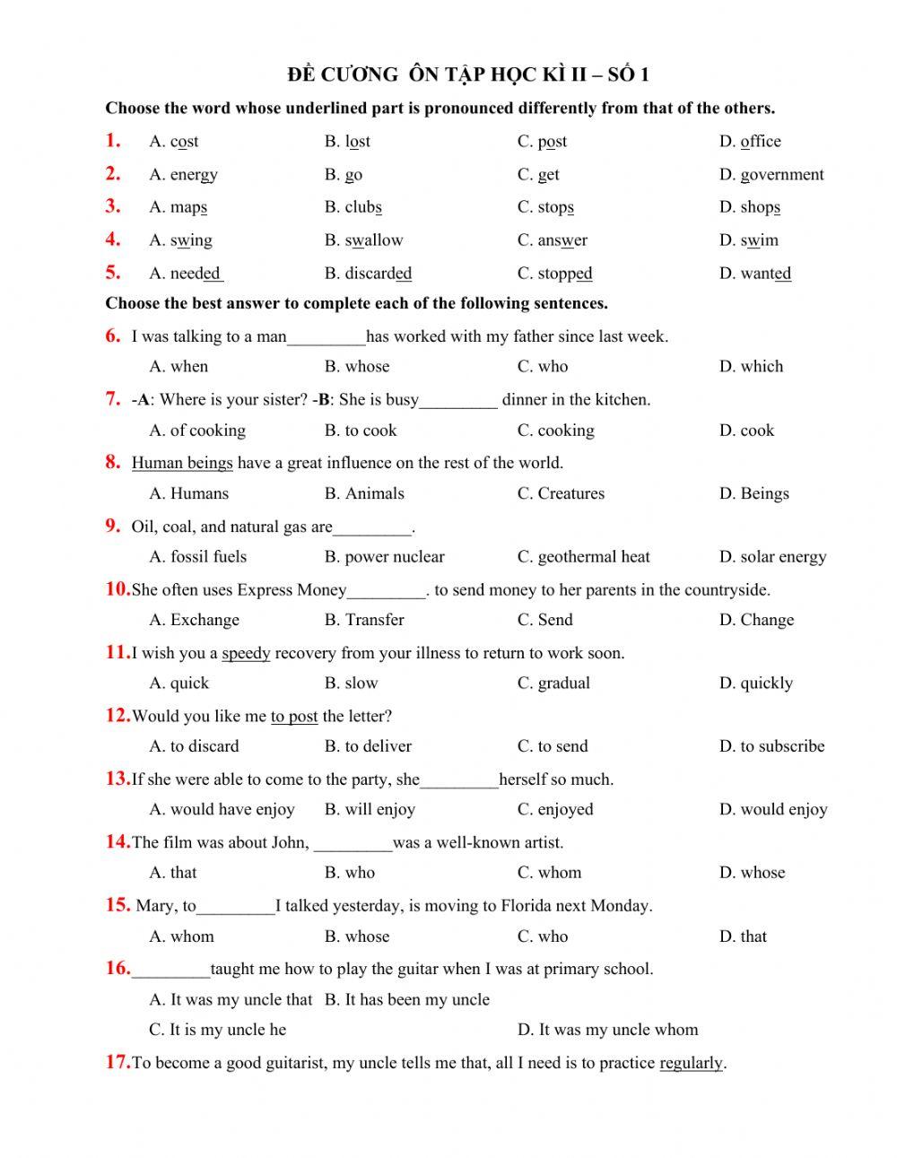 The Second Term Examination – ENGLISH 11-1