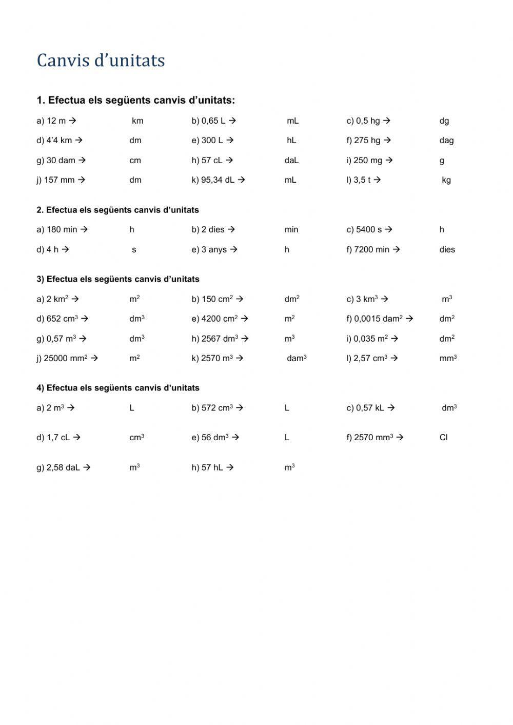 Exercicis CANVI D'UNITATS