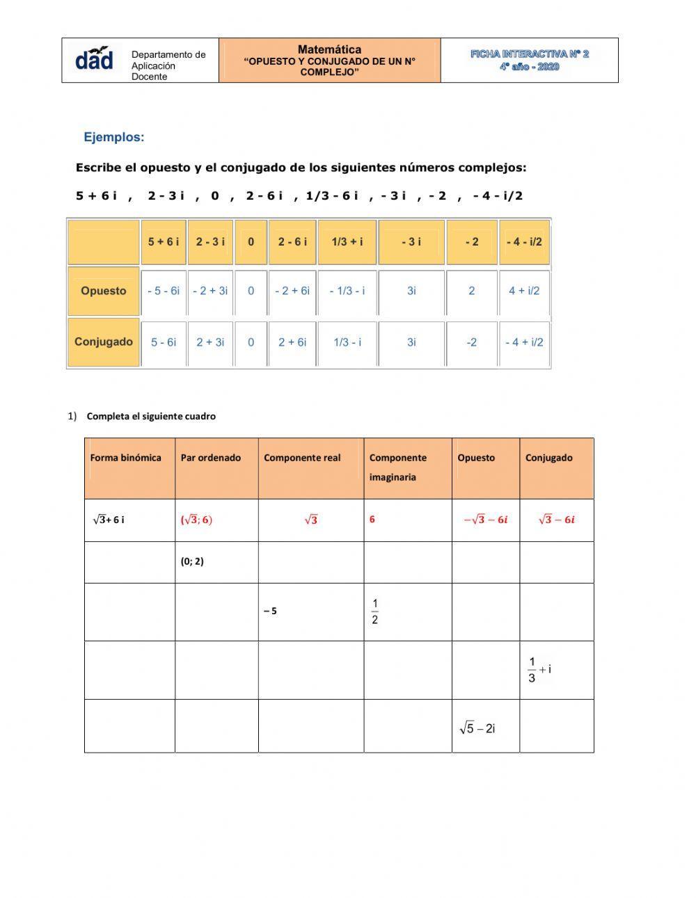 Opuesto y conjugado de un compejo