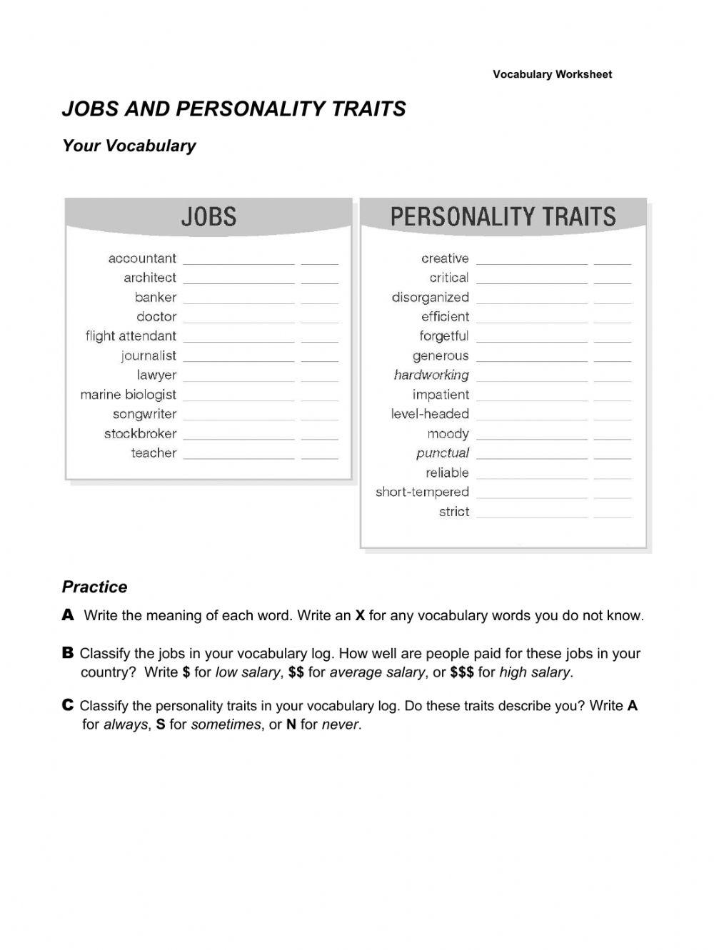 Job Titles and Personality Vocabulary