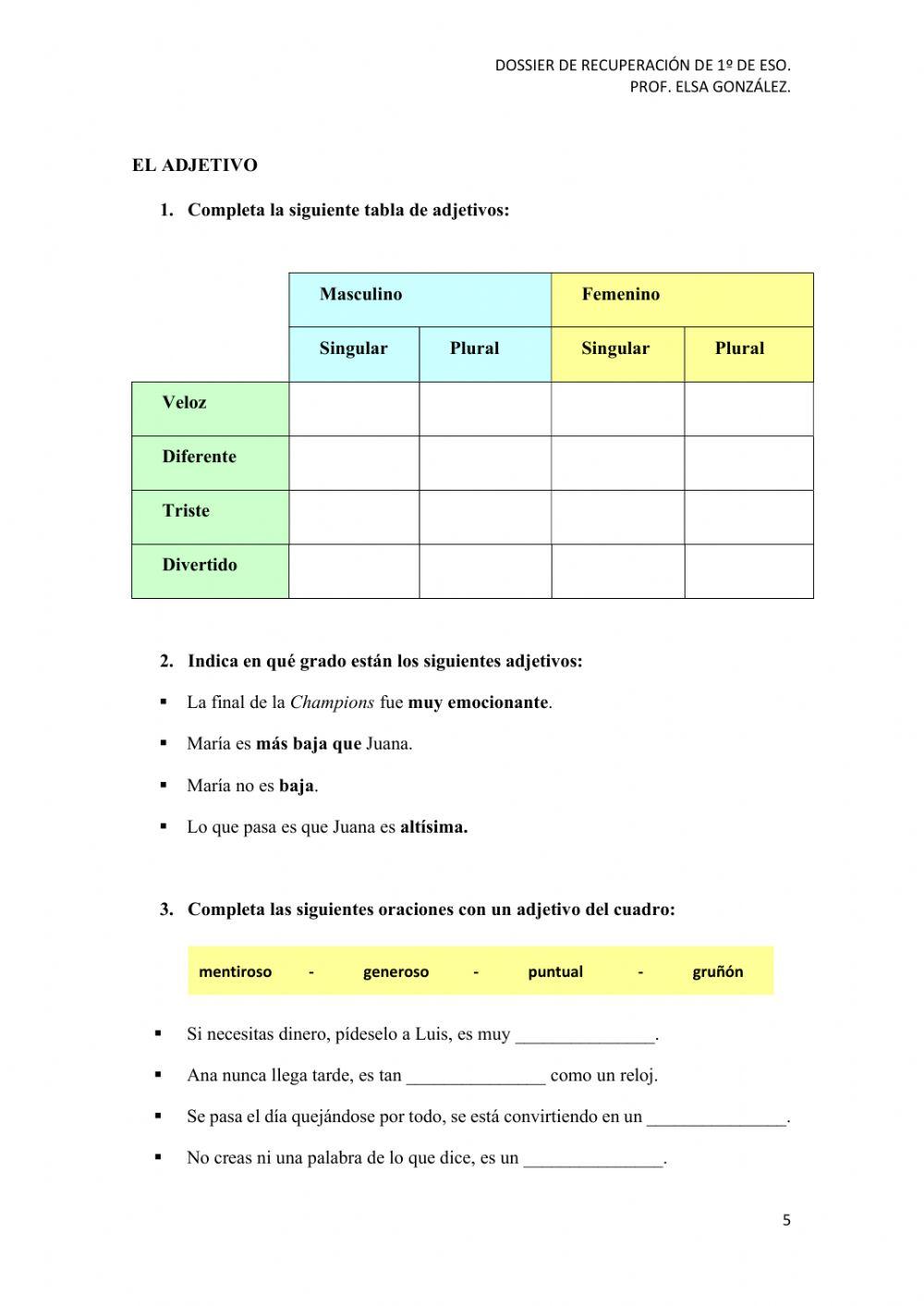 Dossier de recuperación 1ESO gramática