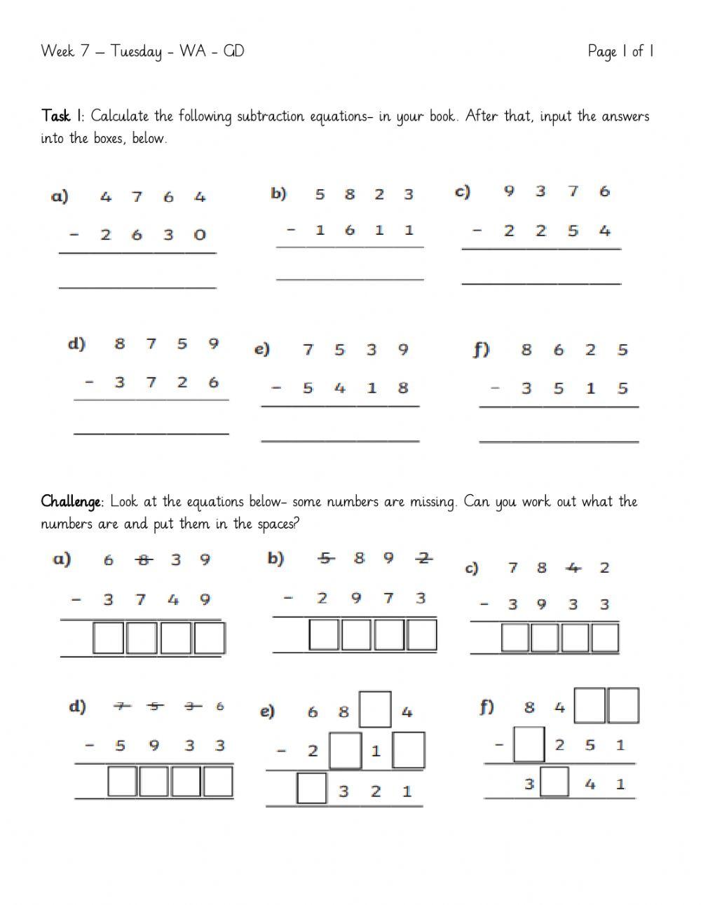 Column subtraction 1 worksheet live worksheets