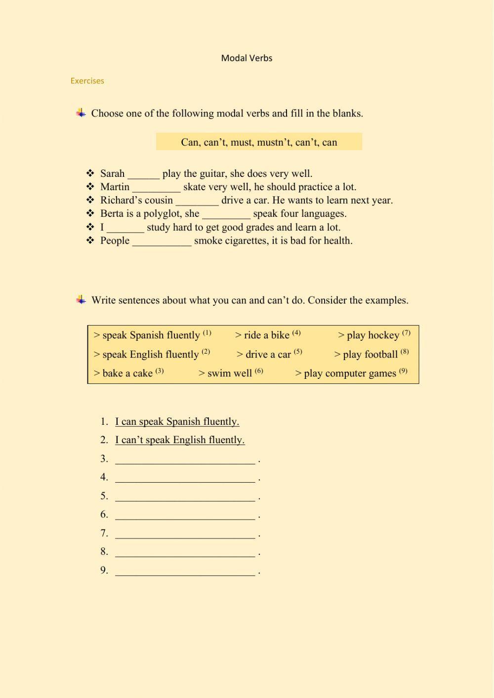 Modal verbs (can, must)