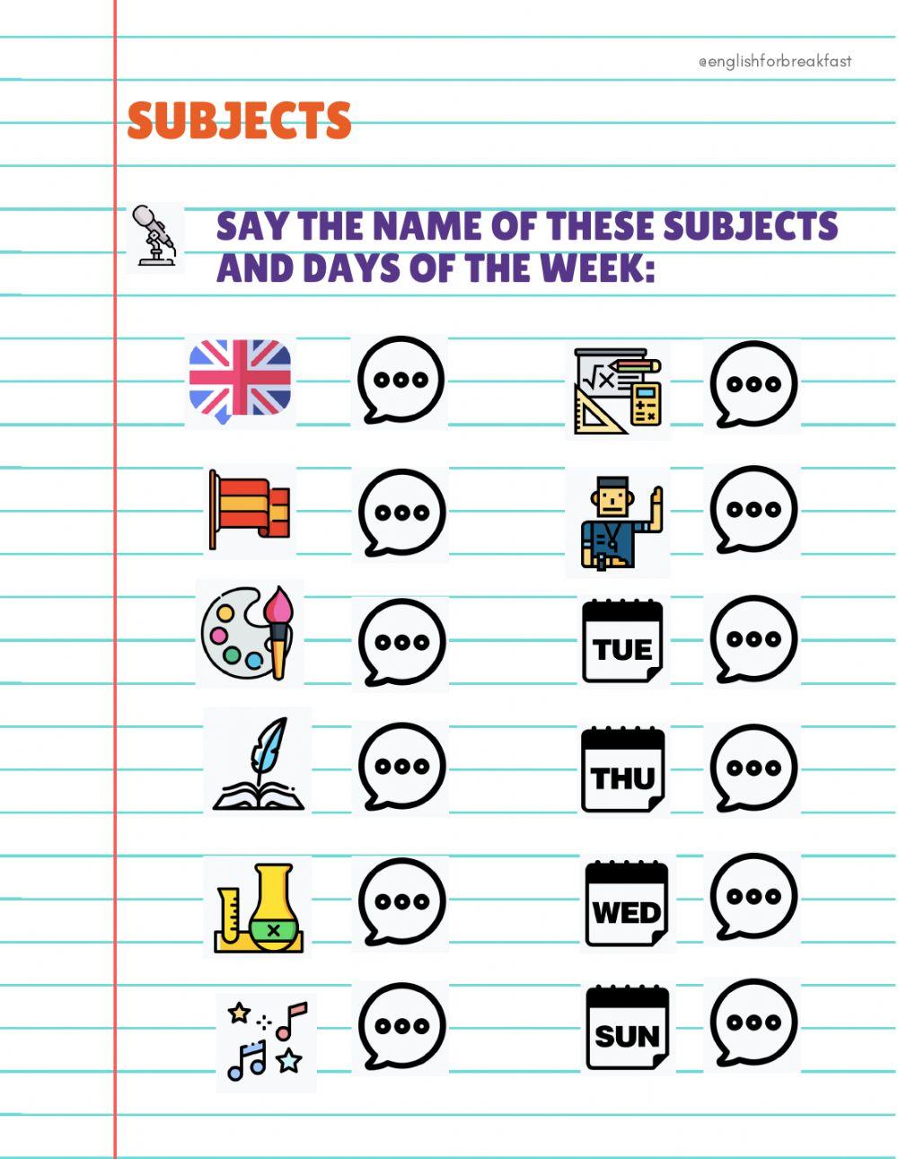 Subjects and days of the week