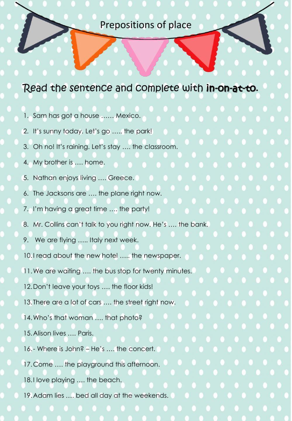 Prepositions of place in-on-at-to