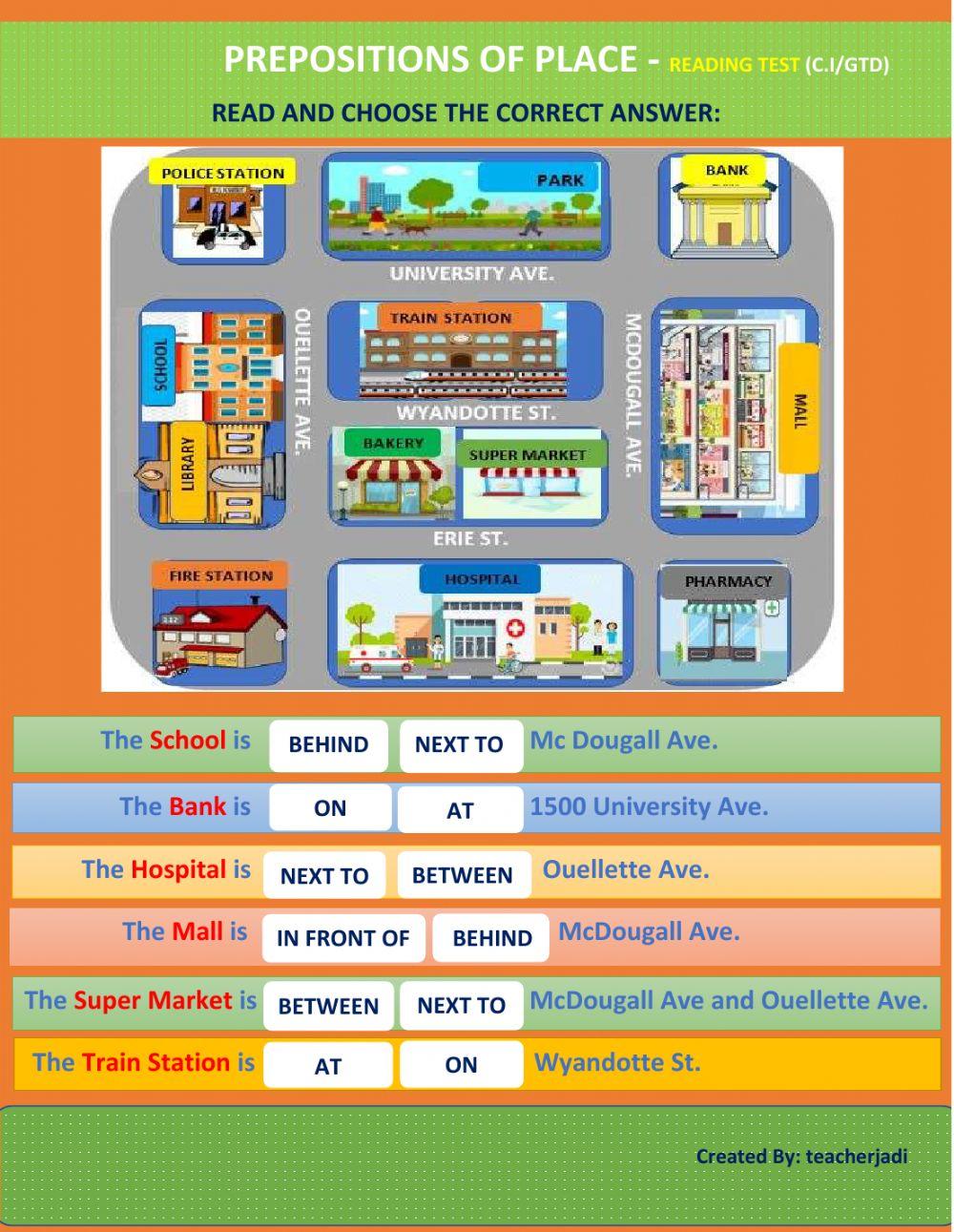 Prepositions of Place -reading test (esl)