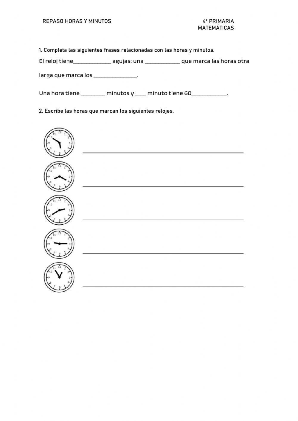 Ejercicios de repaso de horas y minutos