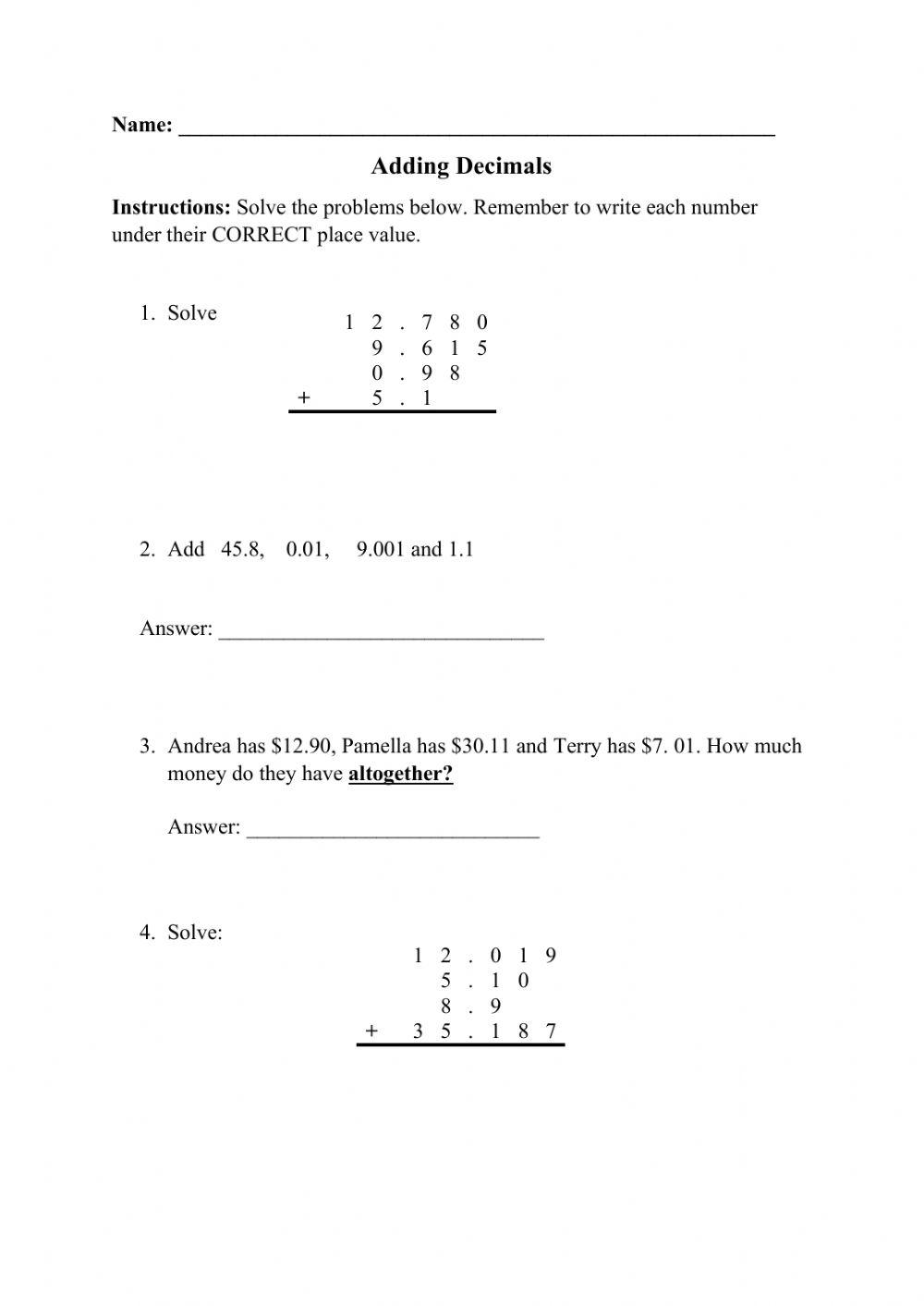 Addition of Decimals