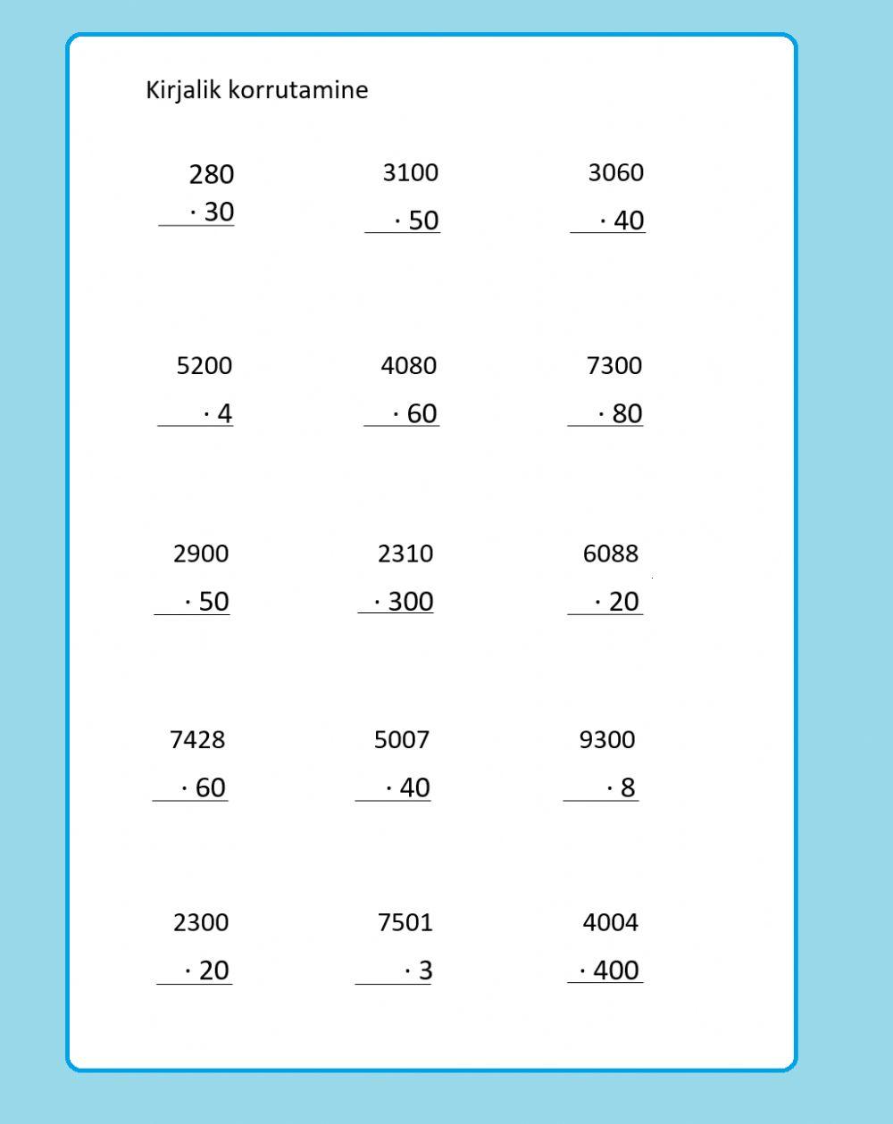 Kirjalik korrutamine. Nullidega lõppevad arvud.