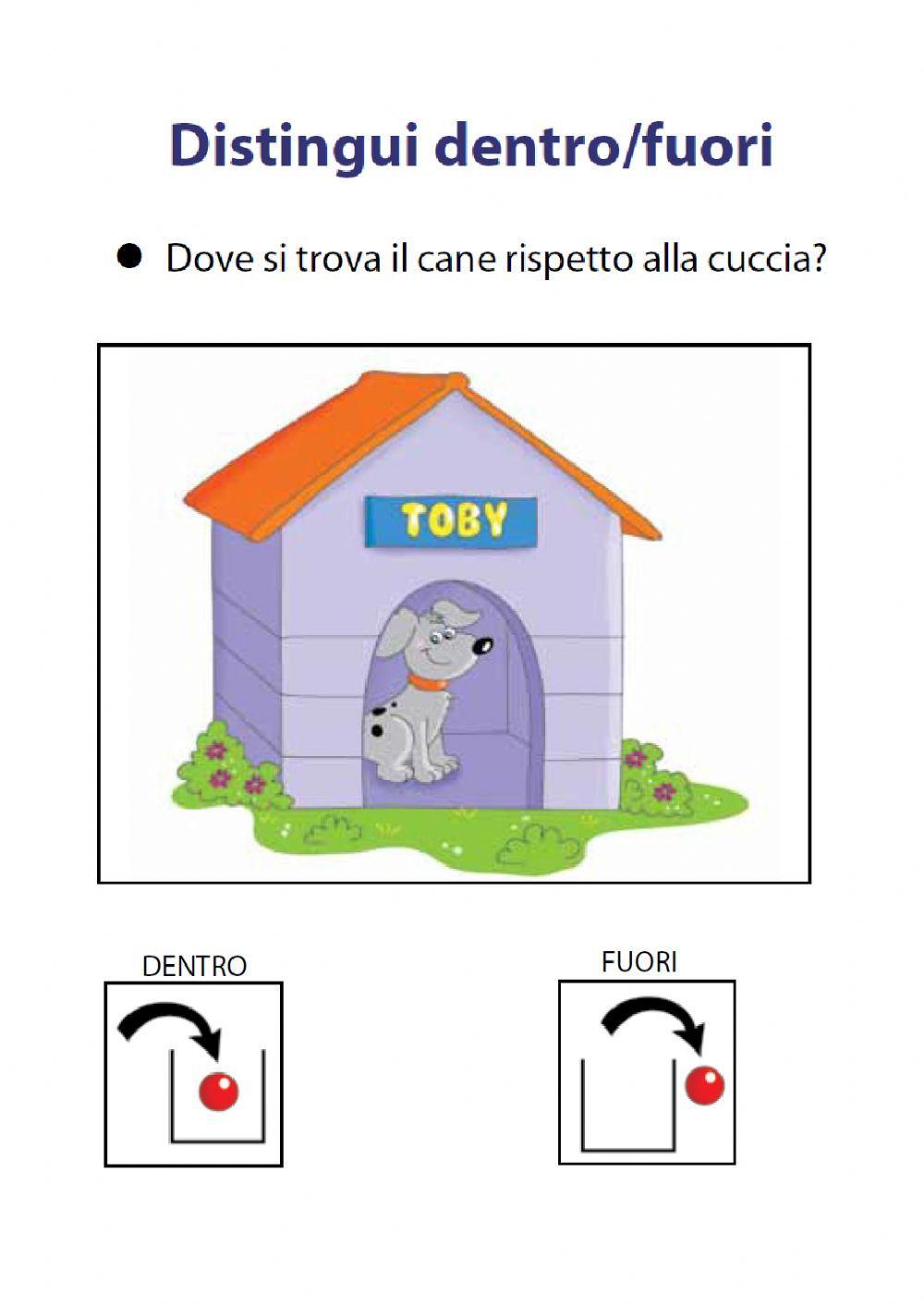 Dove si trova il cane rispetto alla cuccia?DENTRO O FUORI