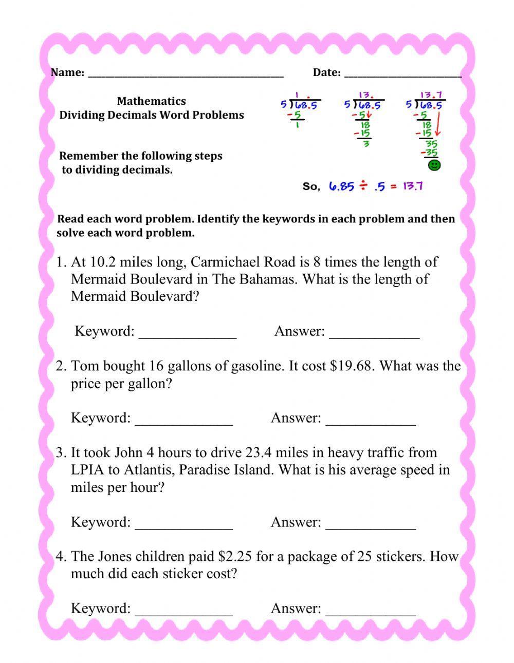 Dividing Decimals Word Problems Worksheet