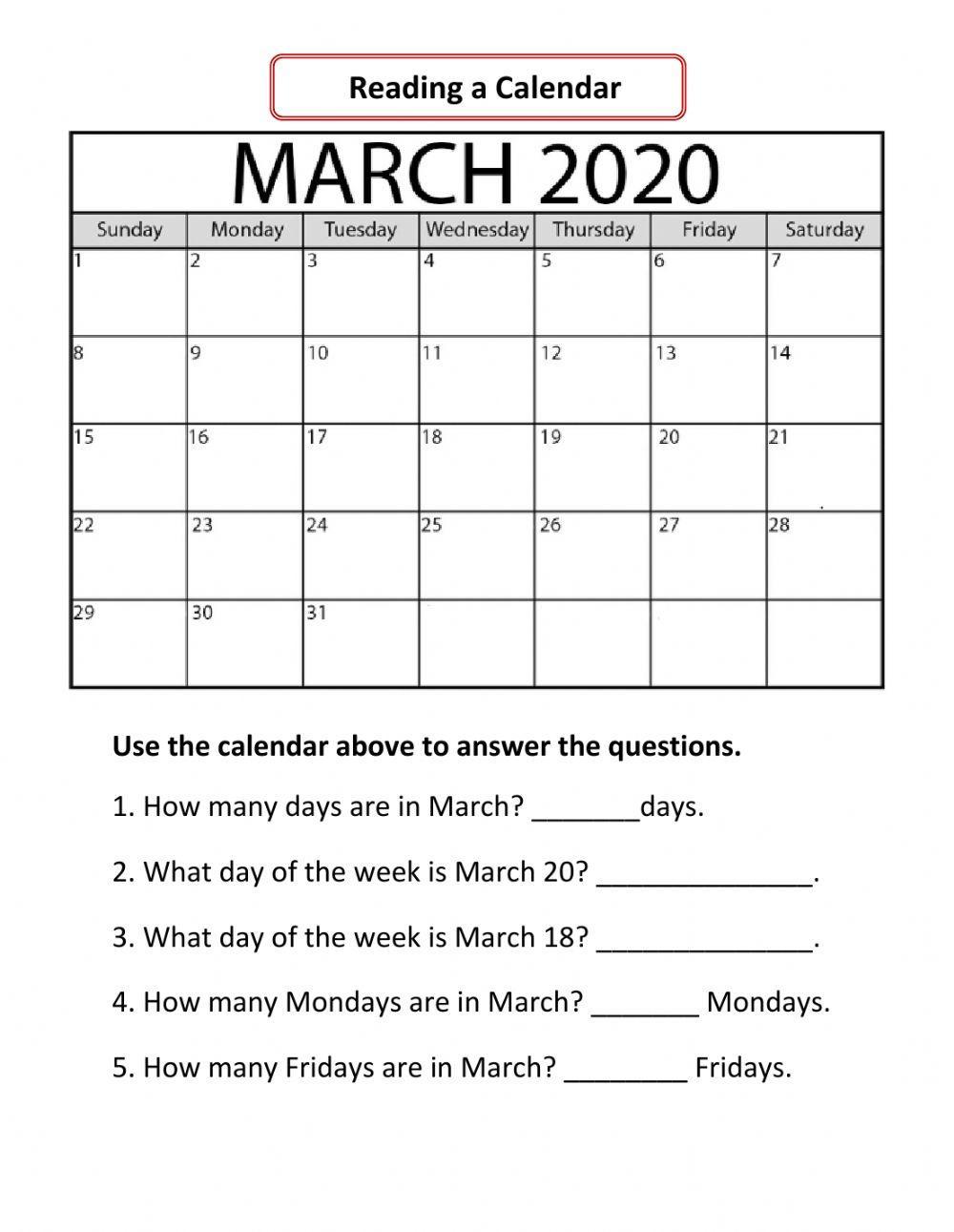 Reading a Calendar Reading a Calendar