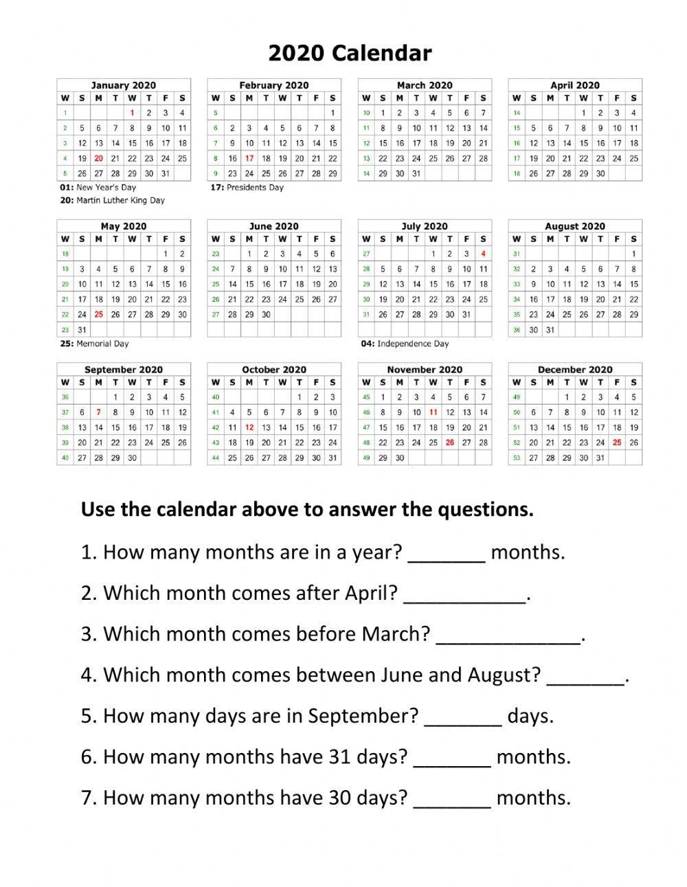 Reading a Calendar Reading a Calendar