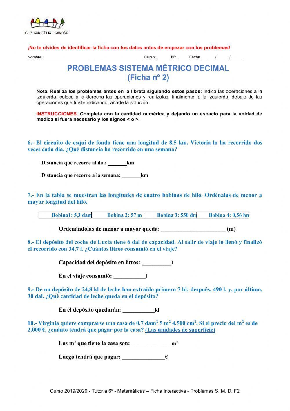 Problemas Sistema Métrico Decimal Ficha 2