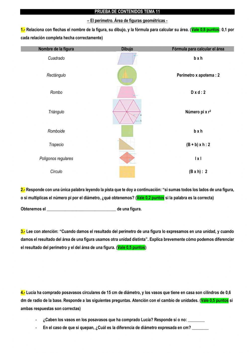 Prueba de conocimientos T 11 Matemáticas  -ficha numero 27