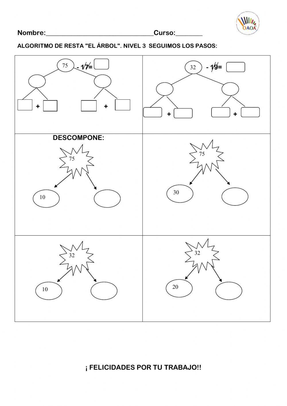 ALGORITMO DE RESTA SIN AYUDA. NIVEL 3. OAOA