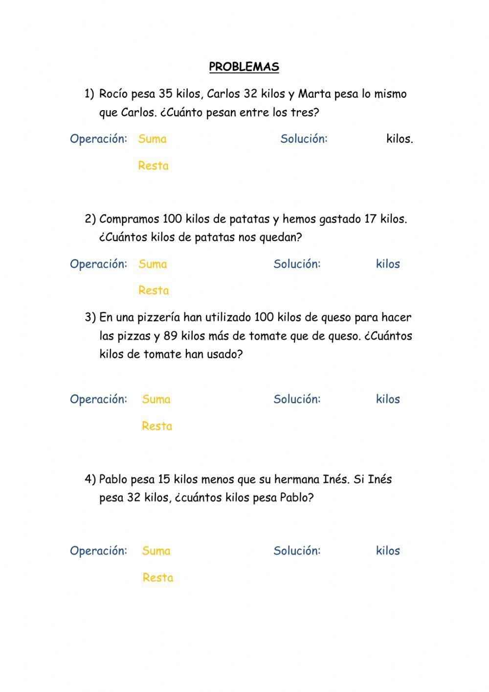 Problemas sencillos de suma o resta