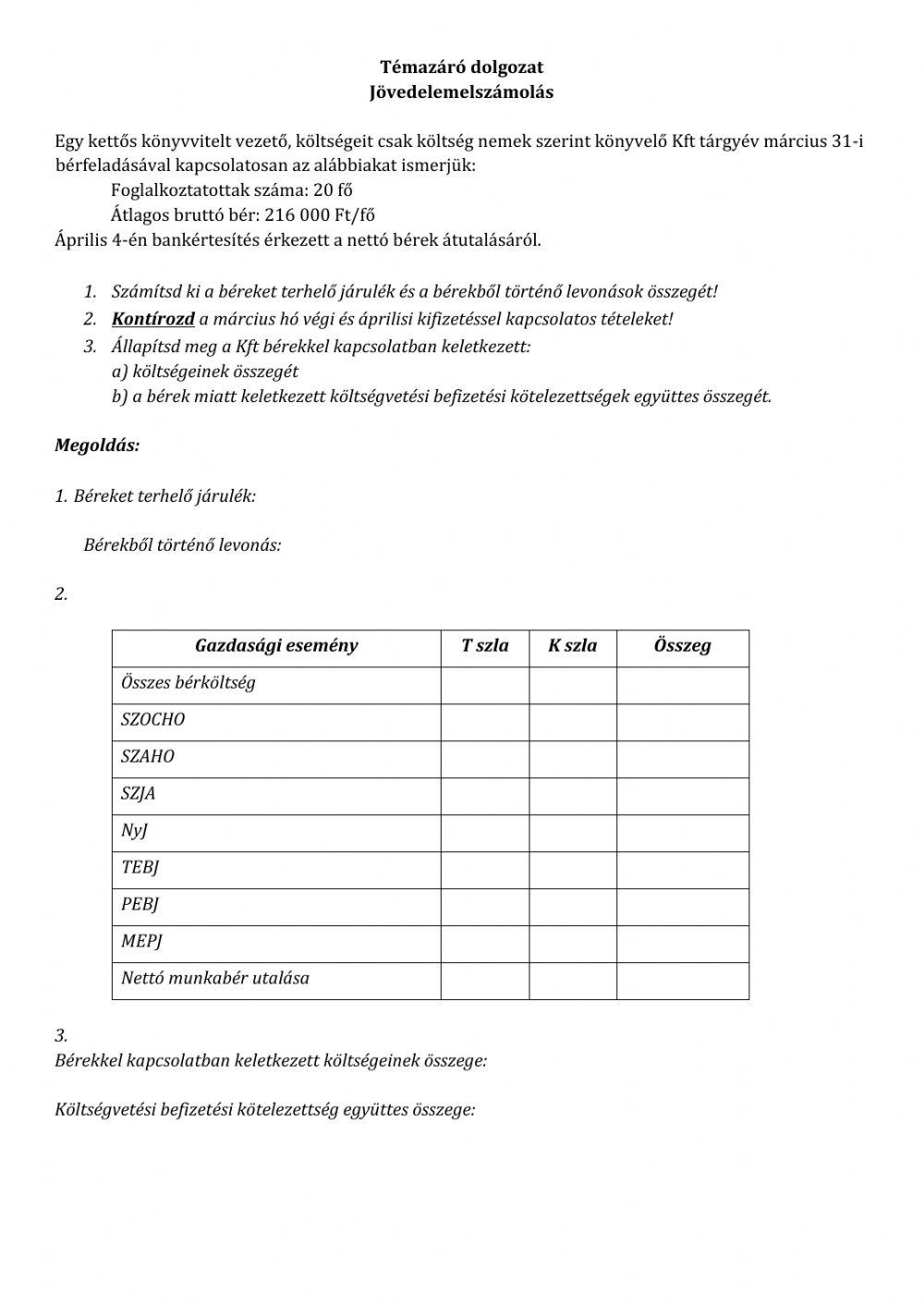 Jövedelemelszámolás témazáró dolgozat