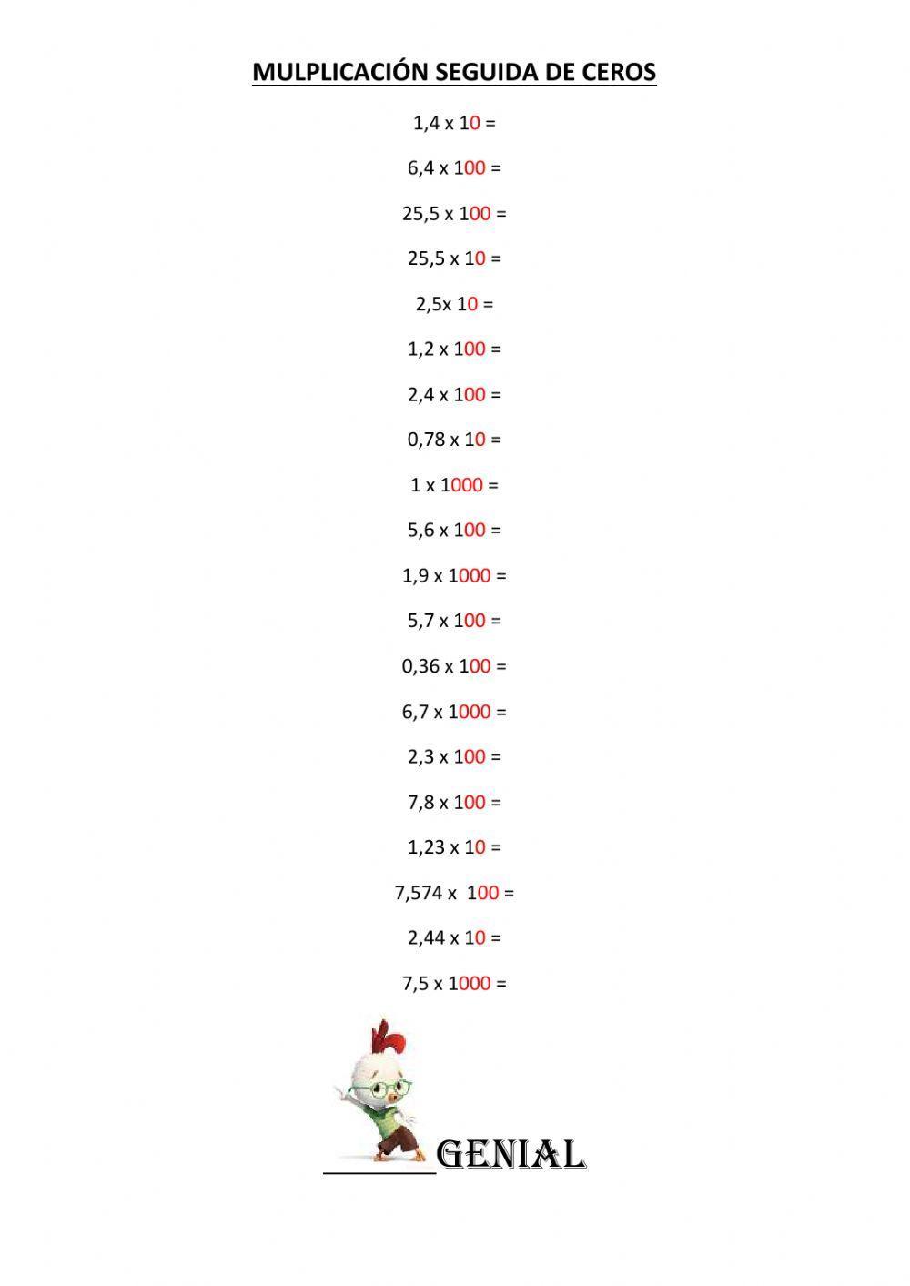 Multiplicaciones decimales de la unidad seguida de ceros