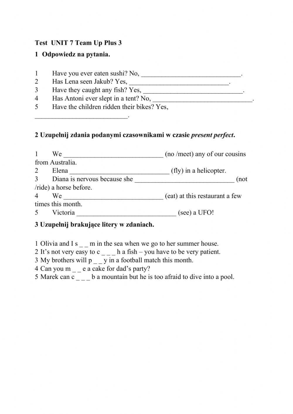Team Up Plus Klasa 6 Testy Test unit 7 team up plus 3 interactive worksheet | Live Worksheets