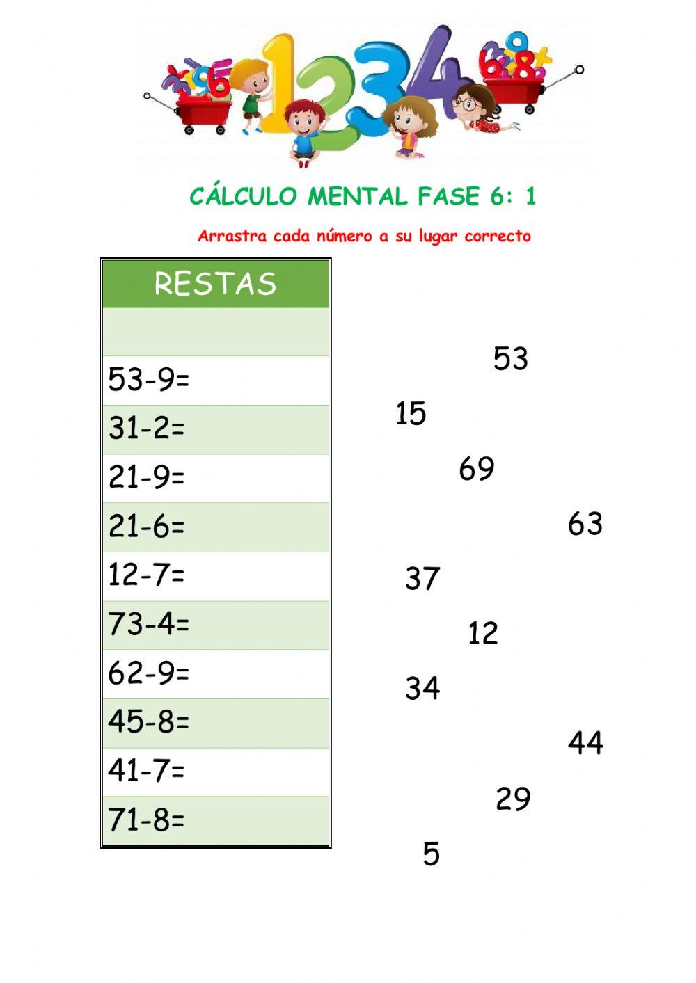 Cálculo mental Restas Fase 6
