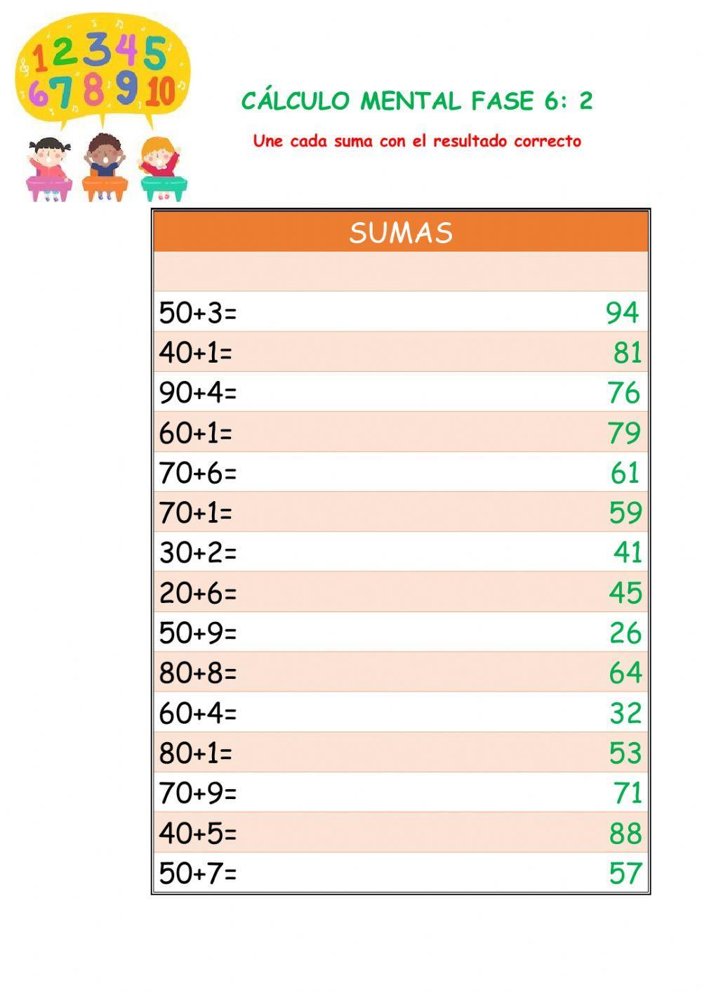 Cálculo mental Sumas Fase 6: 2