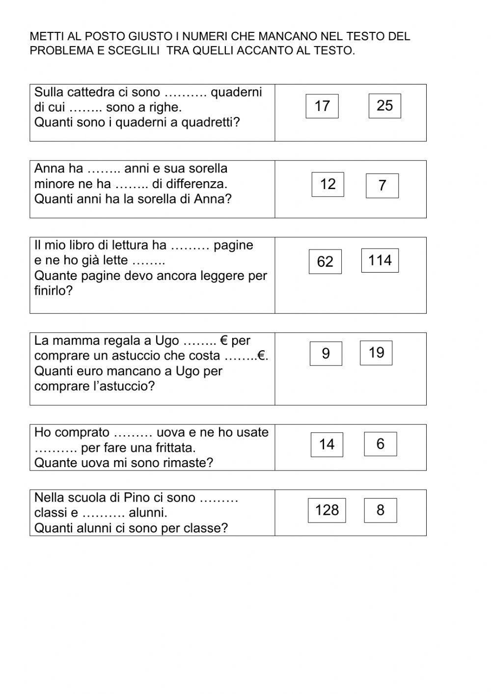 Inserisci i numeri nel problema