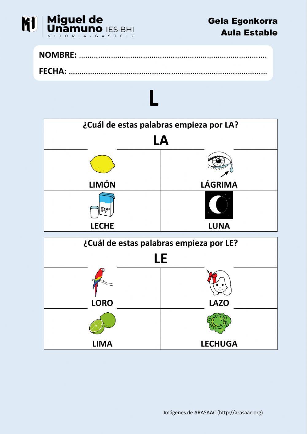 La L 2: Elige la que empieza por la sílaba…