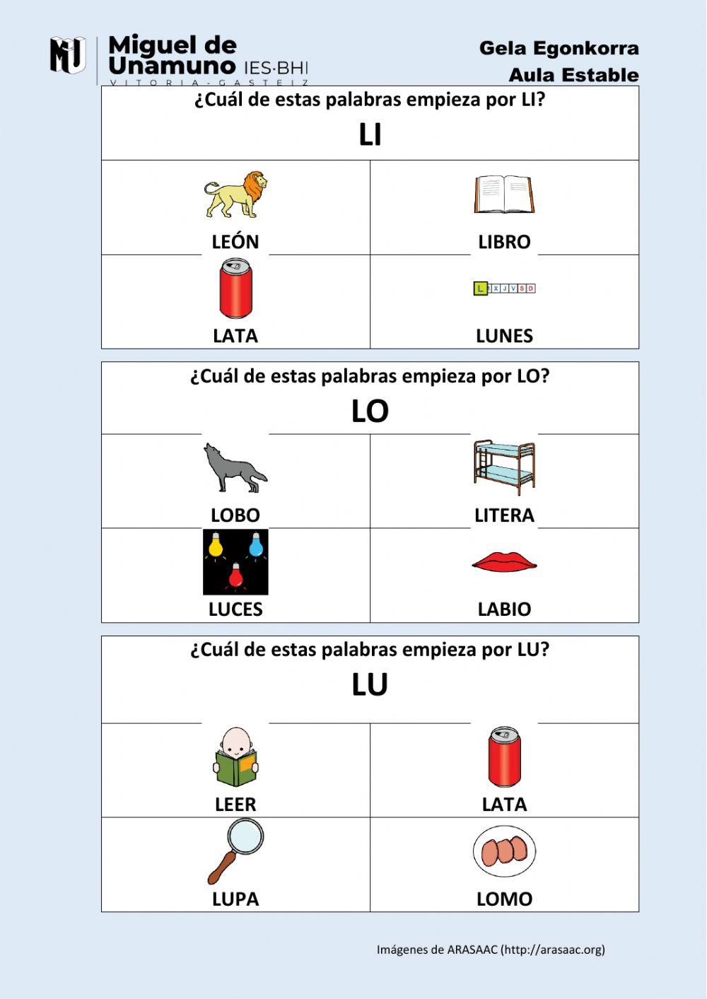 La L 2: Elige la que empieza por la sílaba…