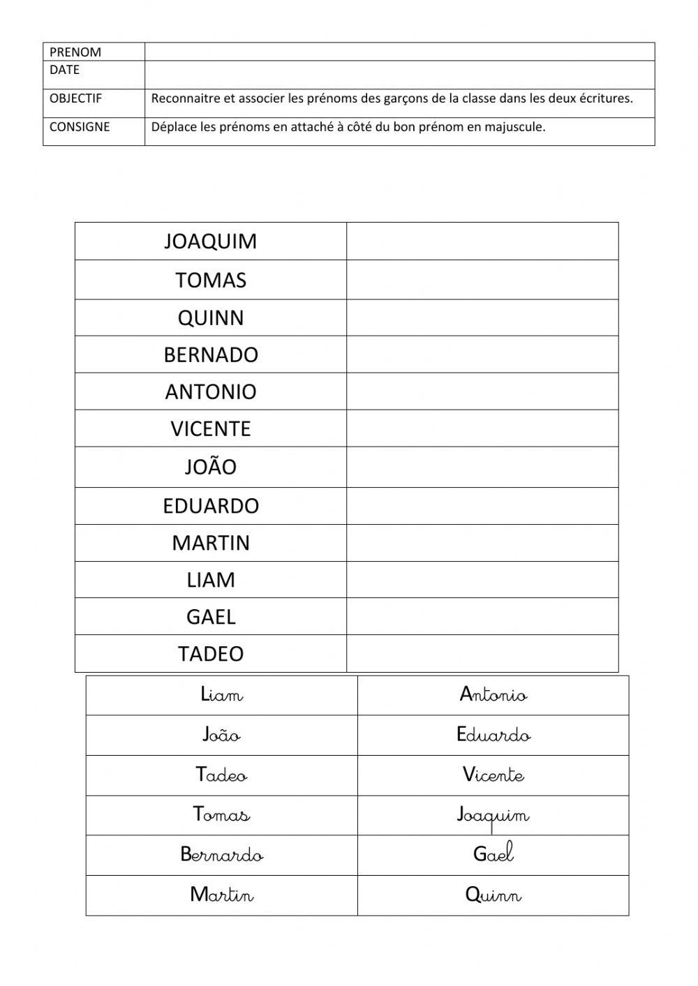 Associer les prénoms des garçons dans deux écritures